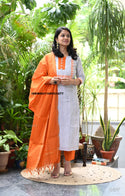 Handloom Cotton Kurti With Pant And Dupatta-ISKWSU1108VC3477