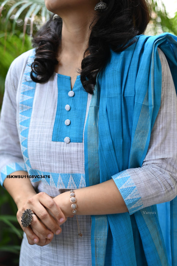 Handloom Cotton Kurti With Pant And Dupatta-ISKWSU1108VC3476
