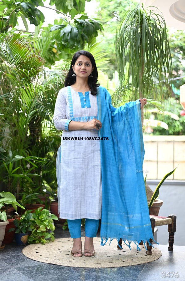 Handloom Cotton Kurti With Pant And Dupatta-ISKWSU1108VC3476