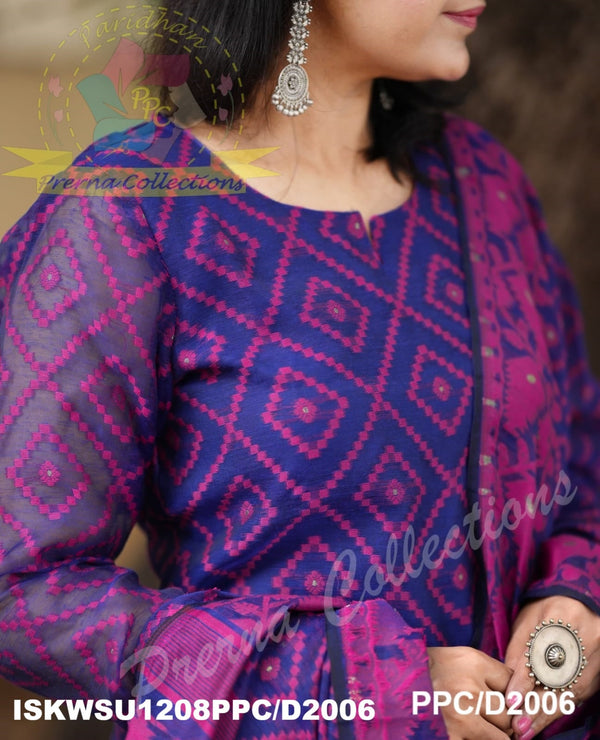 Jamdani Hand Weaved Cotton Kurti With Pant And Dupatta-ISKWSU1208PPC/D2006