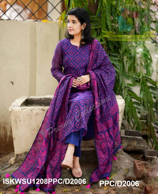 Jamdani Hand Weaved Cotton Kurti With Pant And Dupatta-ISKWSU1208PPC/D2006