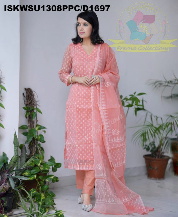 Hand Block Printed Kota Doriya Kurti With Cotton Pant And Block Printed Dupatta-ISKWSU1308PPC/D1697