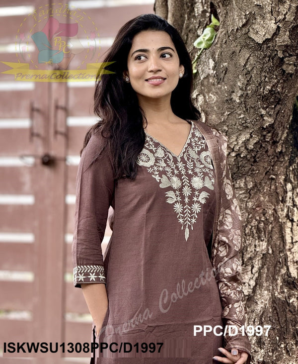 Embroidered Khadi Cotton Kurti With Pant And Printed Silk Dupatta-ISKWSU1308PPC/D1997
