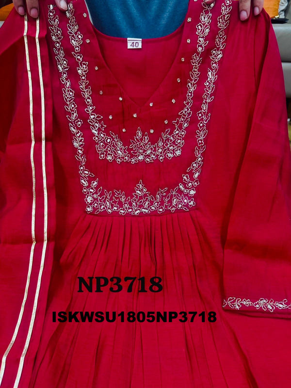 Embroidered Malmal Chanderi A-Line Kurti With Pant And Dupatta-ISKWSU1805NP3718