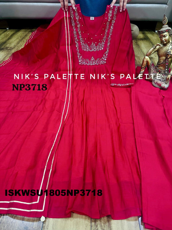 Embroidered Malmal Chanderi A-Line Kurti With Pant And Dupatta-ISKWSU1805NP3718