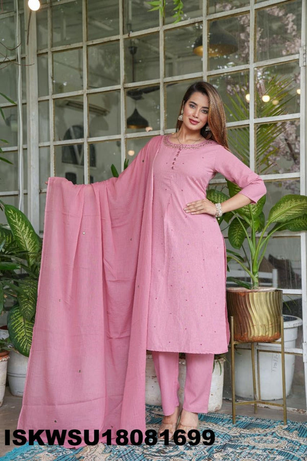 Embroidered Cotton Kurti With Pant And Dupatta-ISKWSU18081699