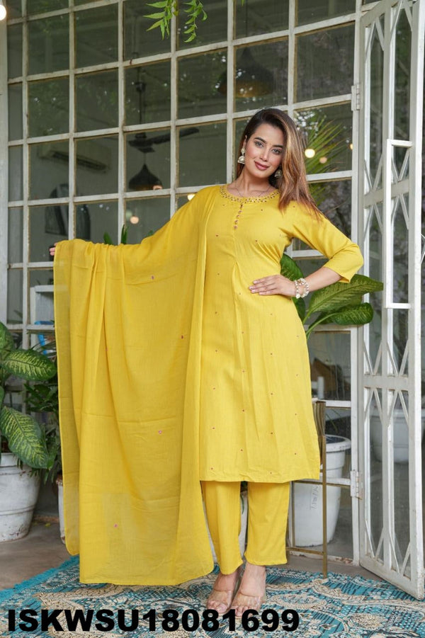 Embroidered Cotton Kurti With Pant And Dupatta-ISKWSU18081699