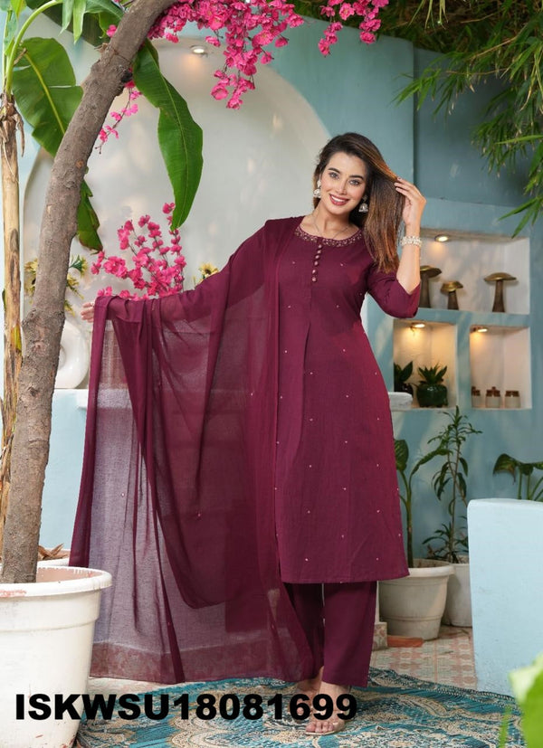 Embroidered Cotton Kurti With Pant And Dupatta-ISKWSU18081699