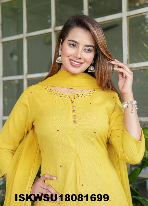 Embroidered Cotton Kurti With Pant And Dupatta-ISKWSU18081699