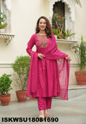 Embroidered Cotton Flared Kurti With Pant And Dyed Dupatta-ISKWSU18081690