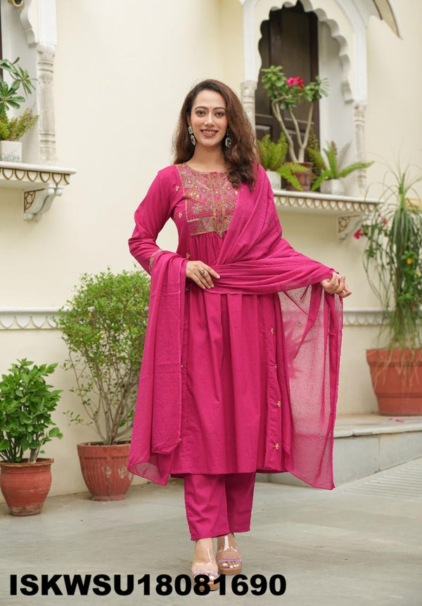 Embroidered Cotton Flared Kurti With Pant And Dyed Dupatta-ISKWSU18081690