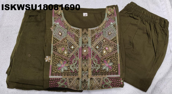 Embroidered Cotton Flared Kurti With Pant And Dyed Dupatta-ISKWSU18081690