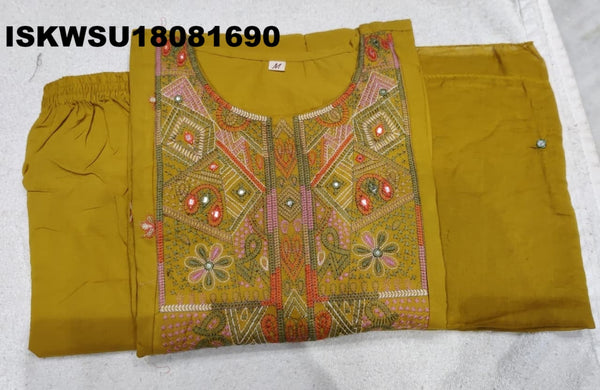 Embroidered Cotton Flared Kurti With Pant And Dyed Dupatta-ISKWSU18081690