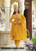 Embroidered Cotton Flared Kurti With Pant And Dyed Dupatta-ISKWSU18081690