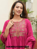 Embroidered Cotton Flared Kurti With Pant And Dyed Dupatta-ISKWSU18081690