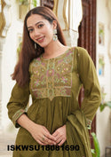 Embroidered Cotton Flared Kurti With Pant And Dyed Dupatta-ISKWSU18081690