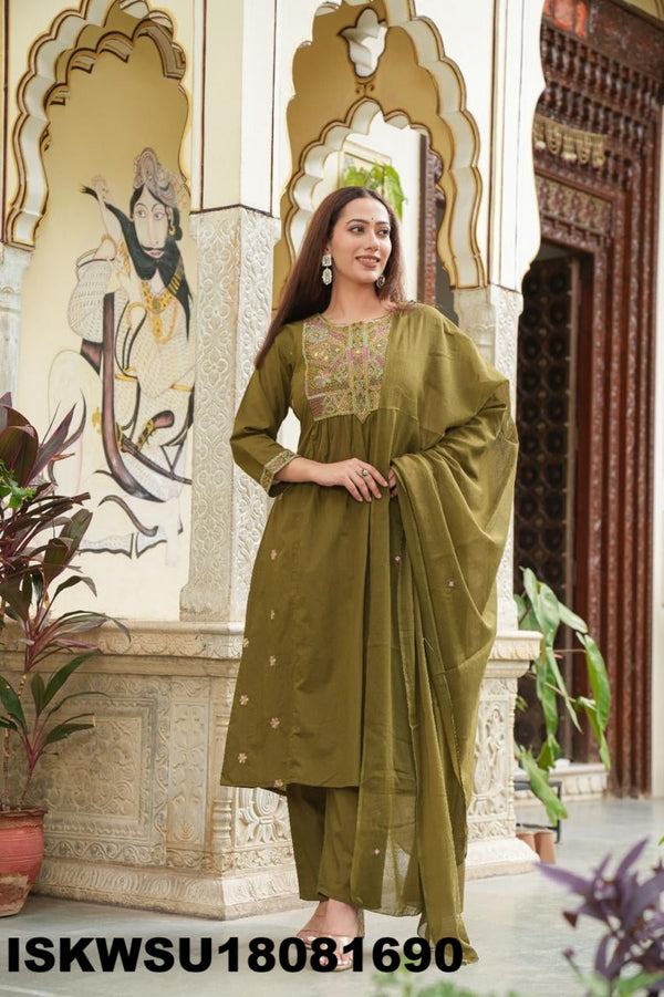 Embroidered Cotton Flared Kurti With Pant And Dyed Dupatta-ISKWSU18081690
