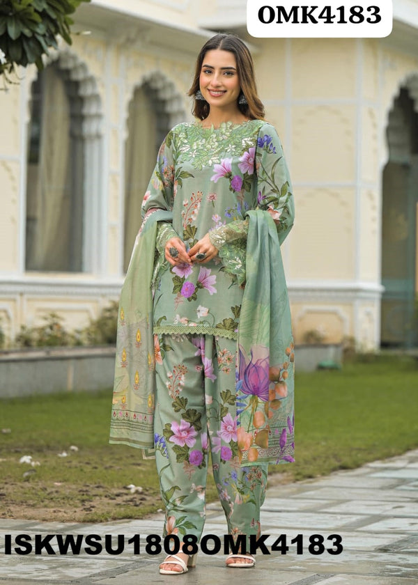Printed Cotton Kurti With Pant And Dupatta-ISKWSU1808OMK4183