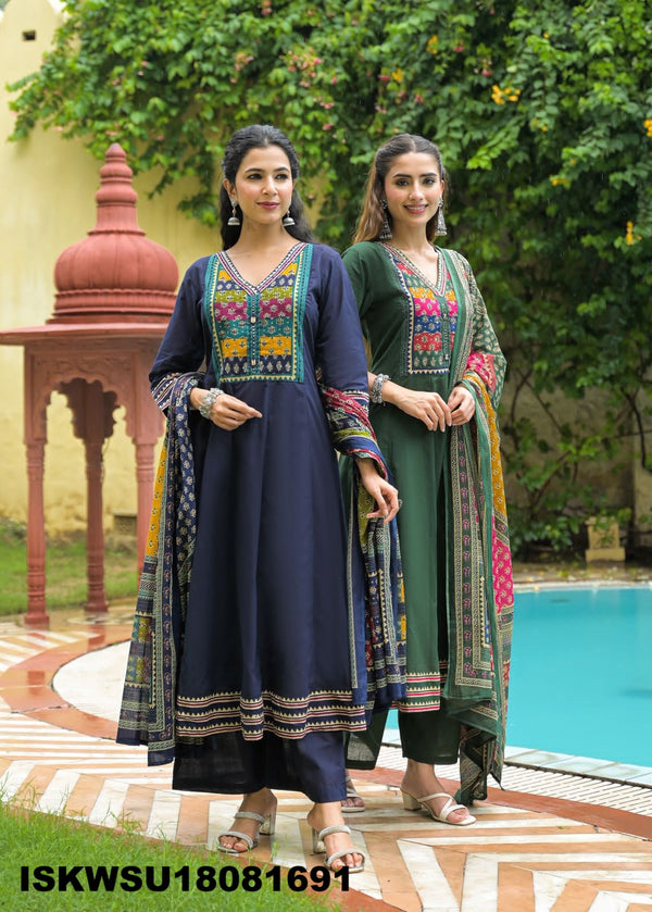Sequined Cotton Anarkali Kurti With Pant And Printed Dupatta-ISKWSU18081691