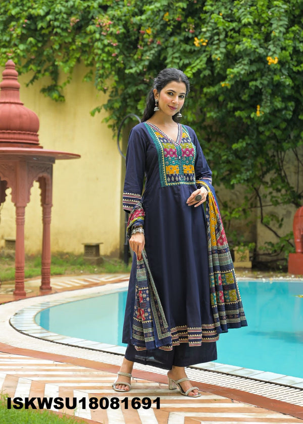 Sequined Cotton Anarkali Kurti With Pant And Printed Dupatta-ISKWSU18081691