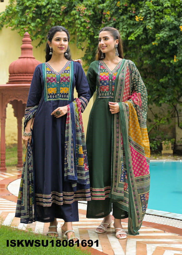 Sequined Cotton Anarkali Kurti With Pant And Printed Dupatta-ISKWSU18081691