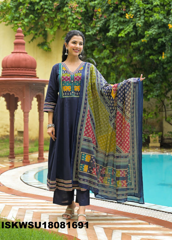 Sequined Cotton Anarkali Kurti With Pant And Printed Dupatta-ISKWSU18081691