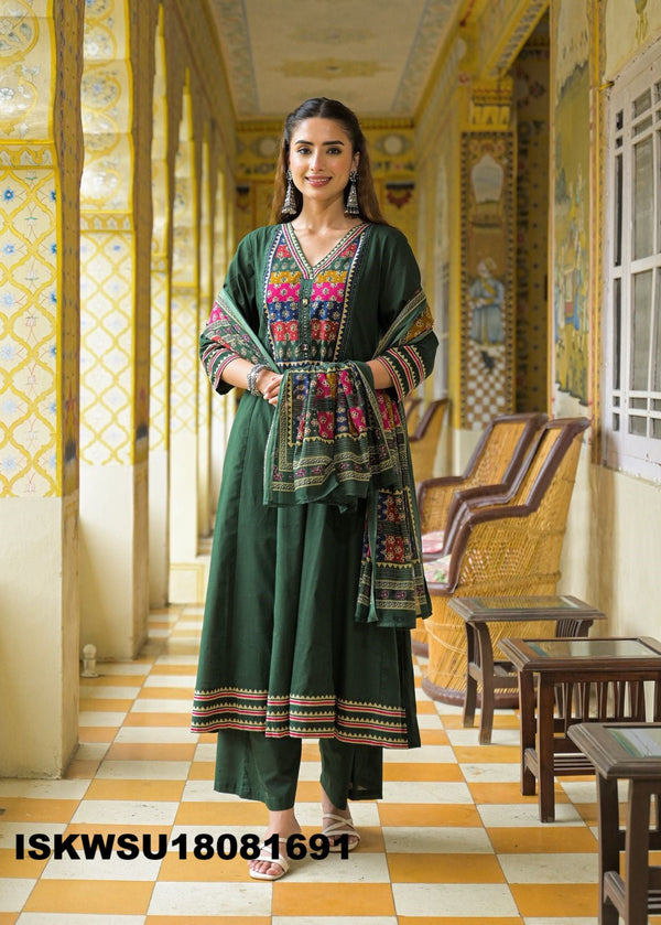 Sequined Cotton Anarkali Kurti With Pant And Printed Dupatta-ISKWSU18081691