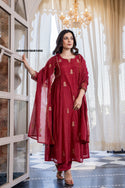 Embroidered Malmal Chanderi Flared Kurti With Pant And Dupatta-ISKWSU18081692