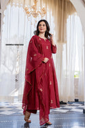 Embroidered Malmal Chanderi Flared Kurti With Pant And Dupatta-ISKWSU18081692