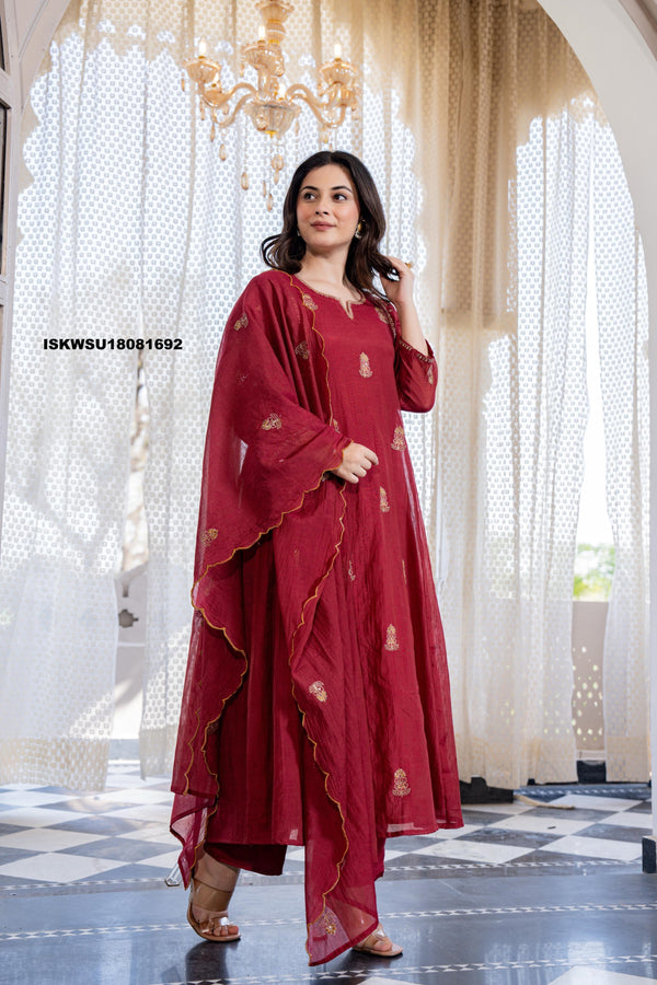 Embroidered Malmal Chanderi Flared Kurti With Pant And Dupatta-ISKWSU18081692