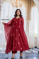 Embroidered Malmal Chanderi Flared Kurti With Pant And Dupatta-ISKWSU18081692