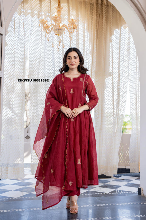 Embroidered Malmal Chanderi Flared Kurti With Pant And Dupatta-ISKWSU18081692