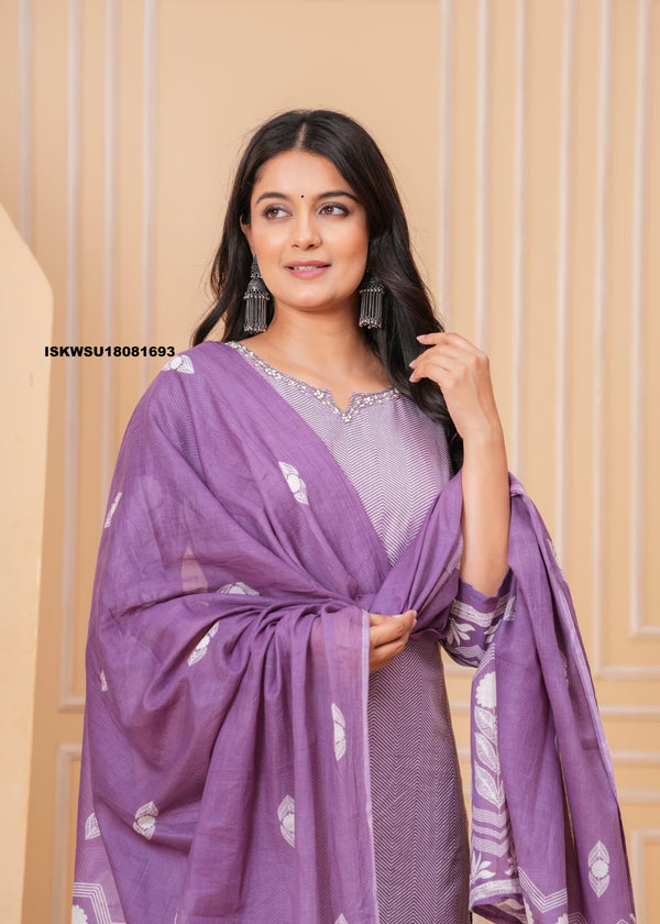 Printed Cotton Kurti With Pant And Dupatta-ISKWSU18081693
