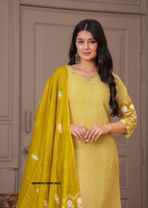 Printed Cotton Kurti With Pant And Dupatta-ISKWSU18081693