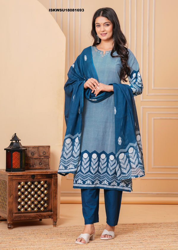 Printed Cotton Kurti With Pant And Dupatta-ISKWSU18081693