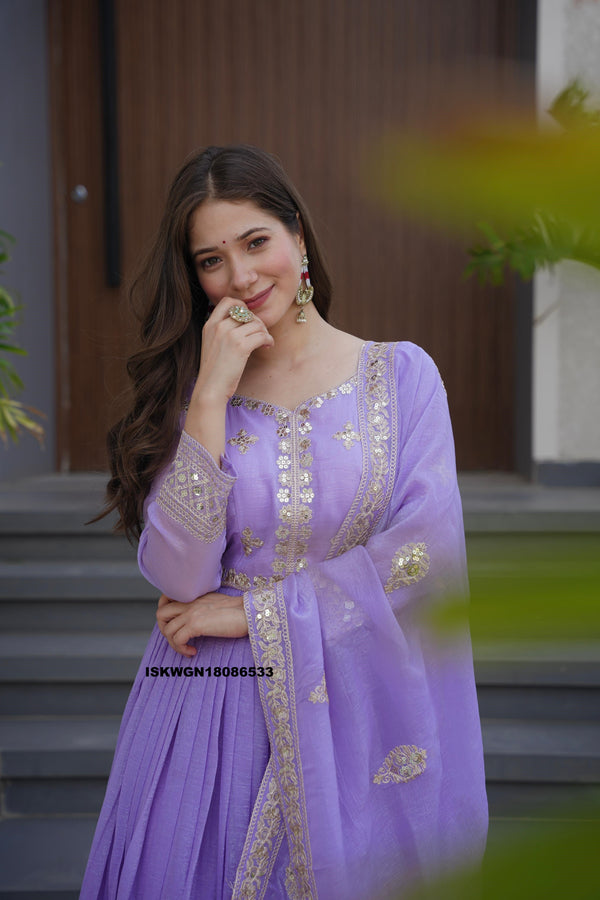 Embroidered Crush Silk Gown With Dupatta-ISKWGN18086533