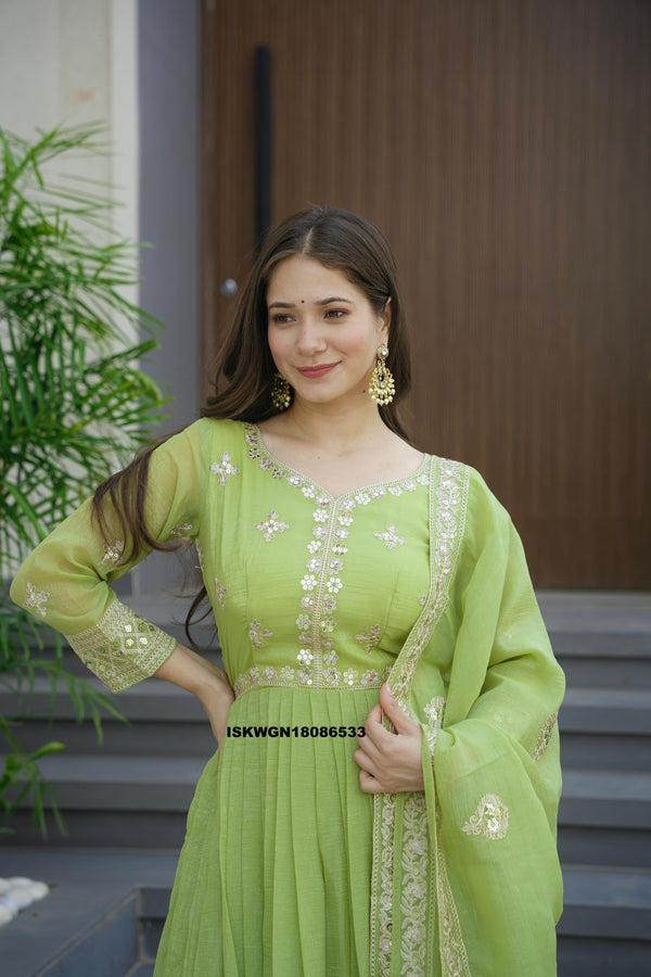 Embroidered Crush Silk Gown With Dupatta-ISKWGN18086533