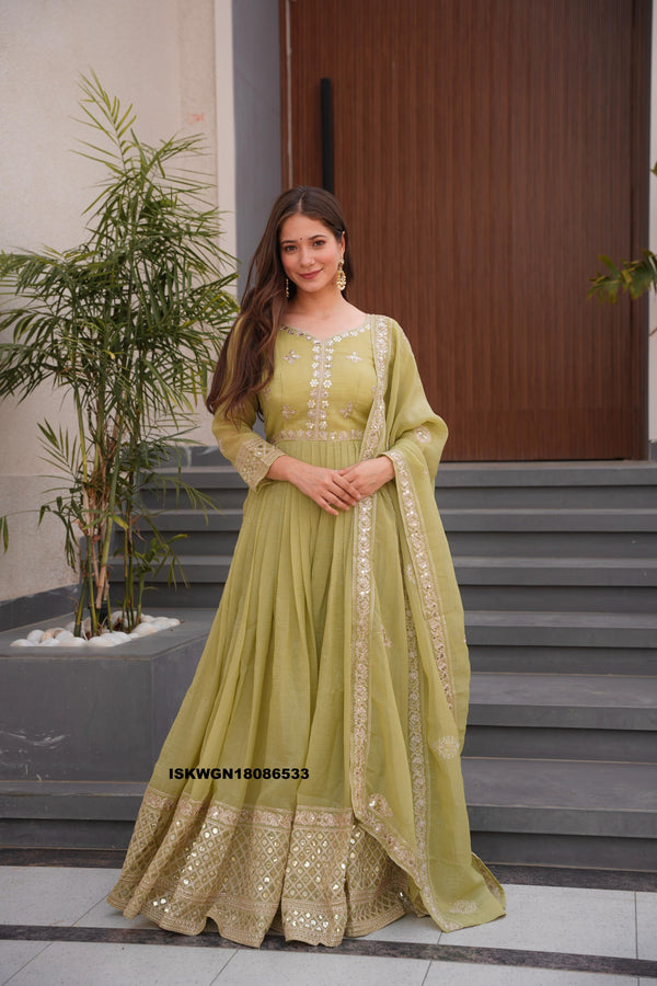 Embroidered Crush Silk Gown With Dupatta-ISKWGN18086533