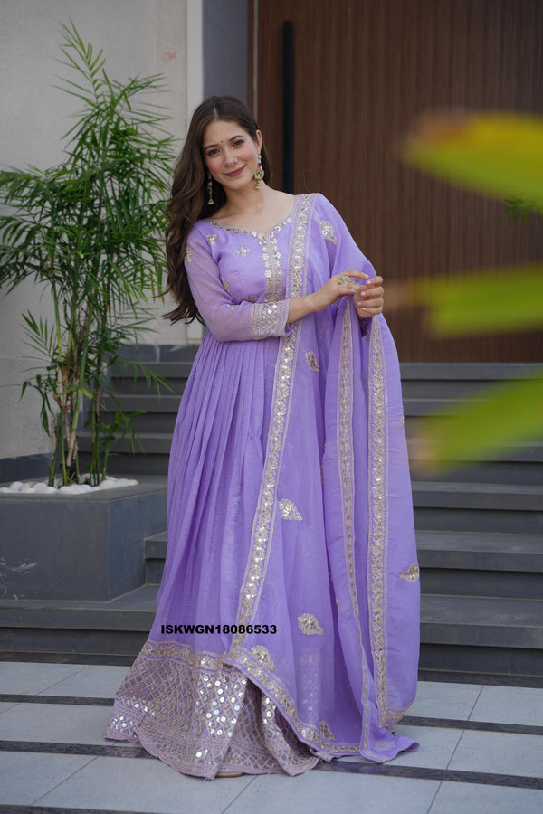 Embroidered Crush Silk Gown With Dupatta-ISKWGN18086533