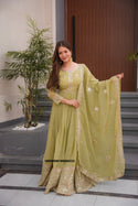 Embroidered Crush Silk Gown With Dupatta-ISKWGN18086533
