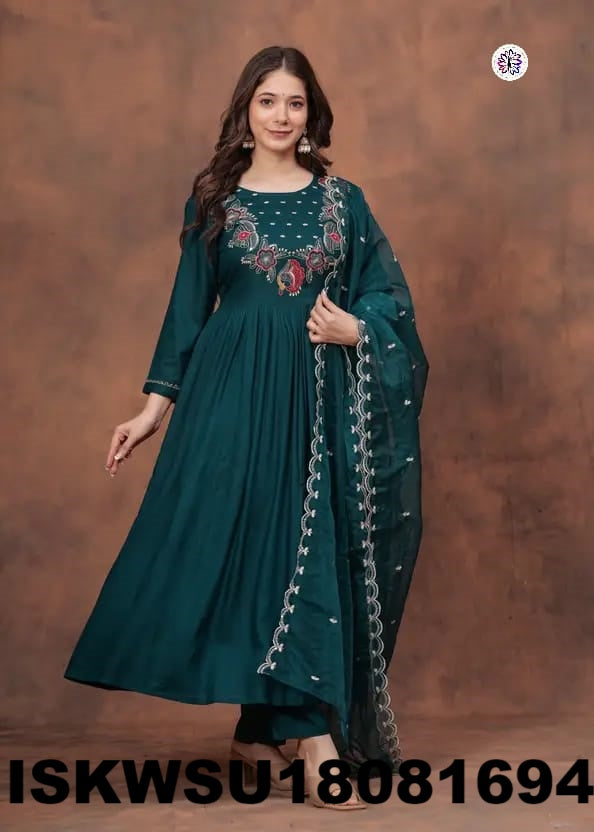 Embroidered Silk Anarkali Kurti With Rayon Pant And Organza Dupatta-ISKWSU18081694