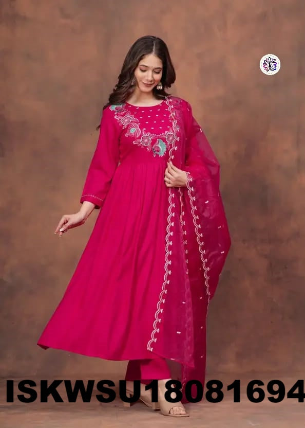 Embroidered Silk Anarkali Kurti With Rayon Pant And Organza Dupatta-ISKWSU18081694