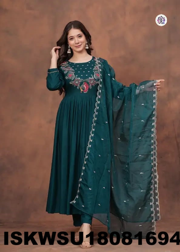 Embroidered Silk Anarkali Kurti With Rayon Pant And Organza Dupatta-ISKWSU18081694