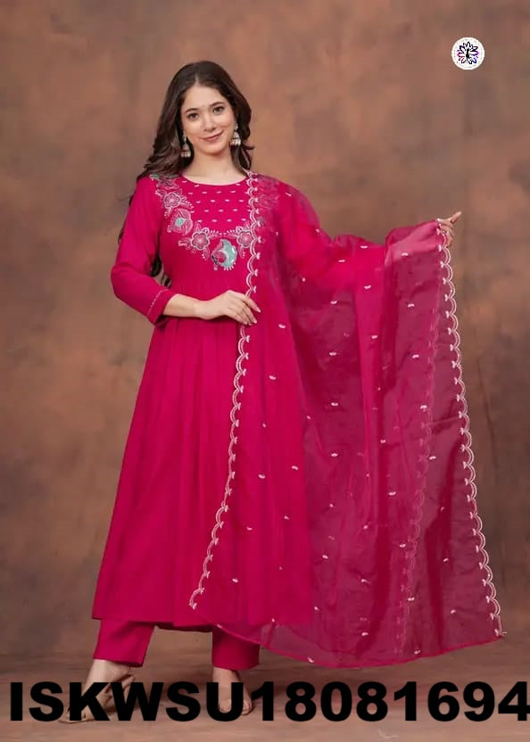 Embroidered Silk Anarkali Kurti With Rayon Pant And Organza Dupatta-ISKWSU18081694