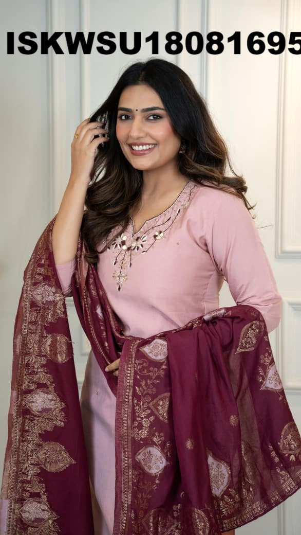 Embroidered Chanderi Kurti With Pant And Jacquard Dupatta-ISKWSU18081695