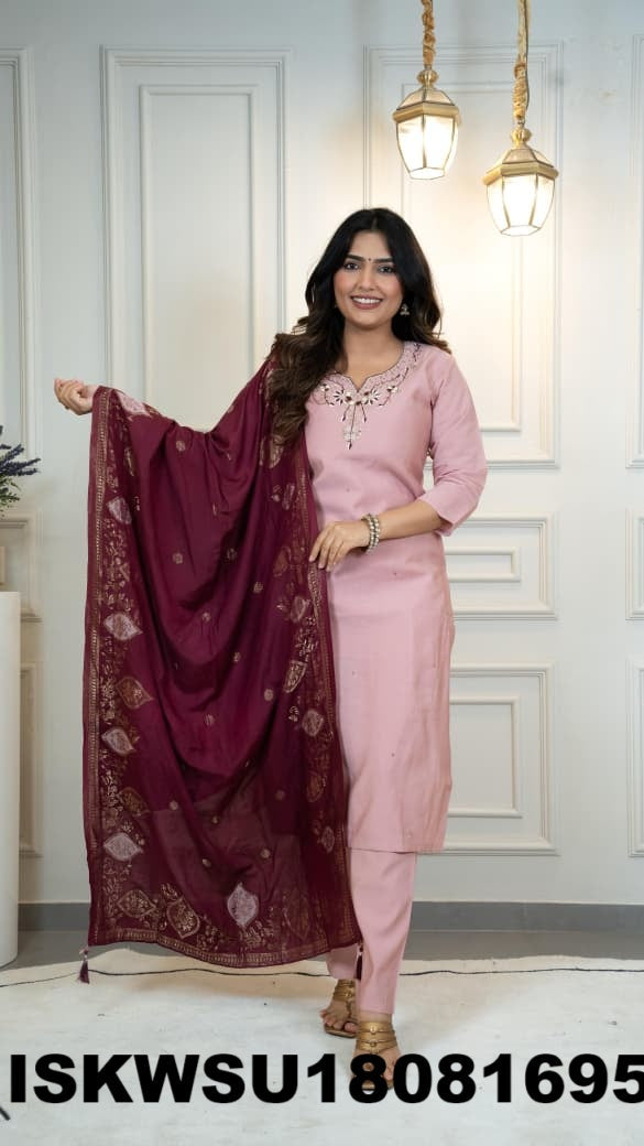 Embroidered Chanderi Kurti With Pant And Jacquard Dupatta-ISKWSU18081695
