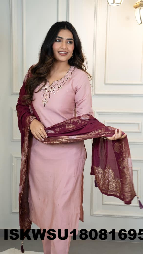 Embroidered Chanderi Kurti With Pant And Jacquard Dupatta-ISKWSU18081695