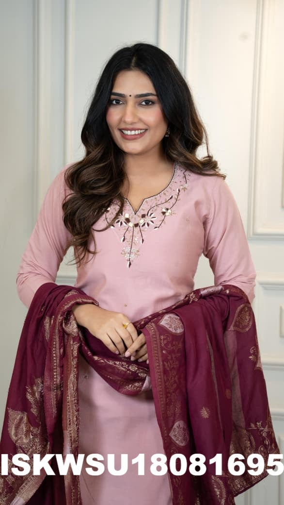 Embroidered Chanderi Kurti With Pant And Jacquard Dupatta-ISKWSU18081695