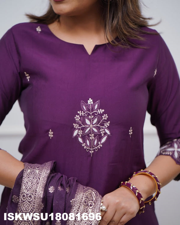 Embroidered Chanderi Kurti With Pant And Jacquard Dupatta-ISKWSU18081696