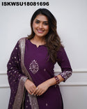 Embroidered Chanderi Kurti With Pant And Jacquard Dupatta-ISKWSU18081696